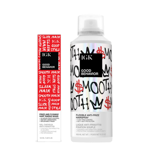 IGK Good Behavior Frizz & Flyaway Taming Wand + Flexible Anti-Frizz Hairspray – Hair Smoothing & Styling Duo for Frizz Control, Shine & Manageability – Vegan & Cruelty-Free