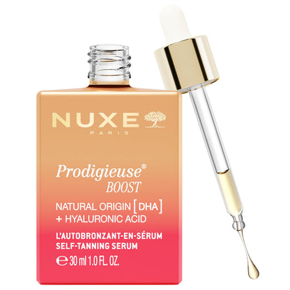 NUXE Prodigieuse Boost Self-Tanning Face adn Neck Serum with Hyaluronic Acid and 100% Natural DHA for a Gradual, Radiant Glow, 1.0 Fl Oz