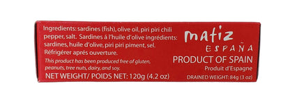 Matiz Spicy Wild Spanish Sardines in Olive Oil and Piri Piri Pepper, 4.2 oz (4.2 Ounce (Pack of 5))