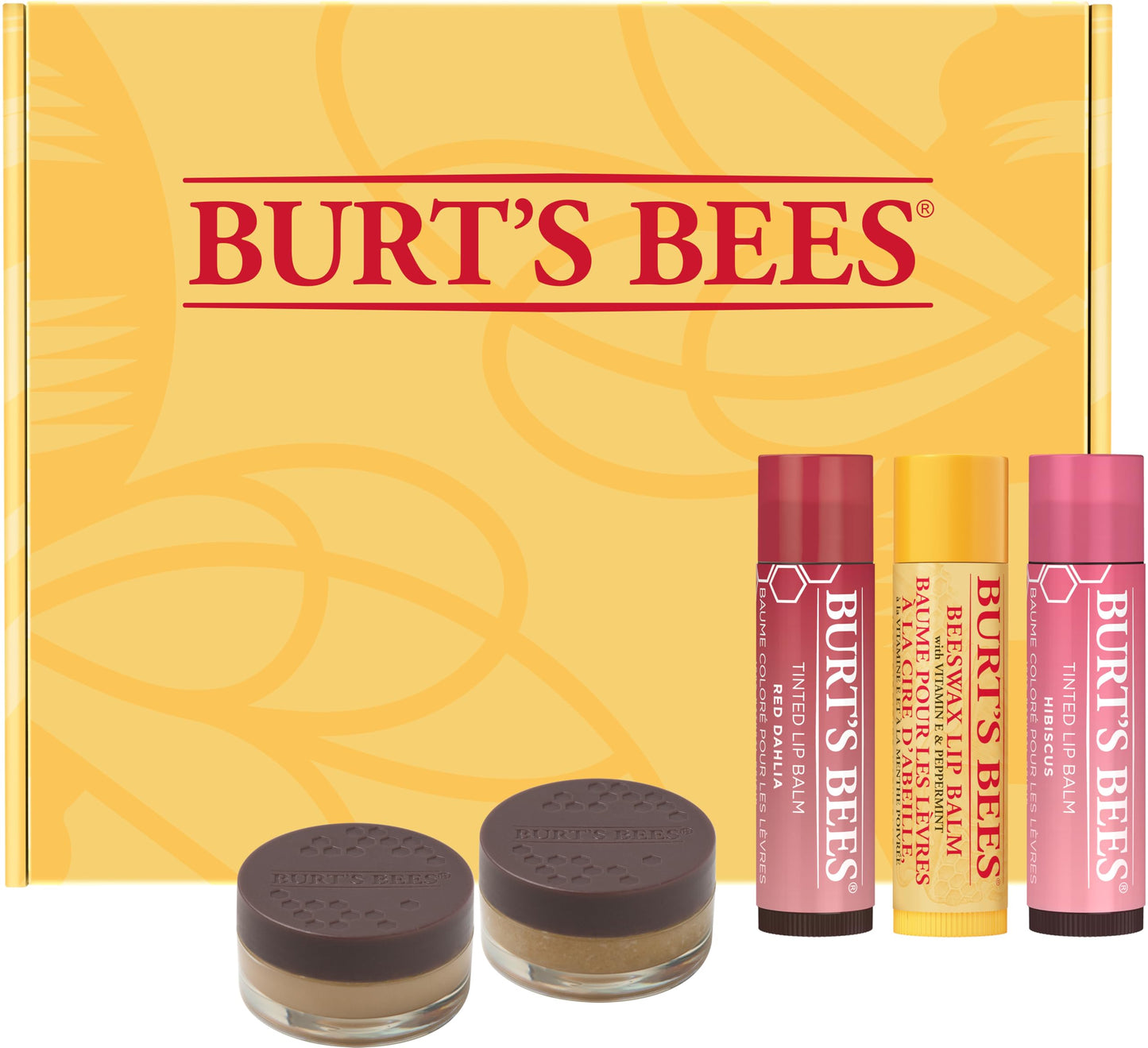 Burt's Bees Lip Care & Color Gifts Kit - Original Beeswax Moisturizing Lip Balm, Hibiscus & Red Dahlia Tinted Stain + Balm Duos, Conditioning Scrub & Overnight Sleeping Mask Exfoliator