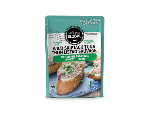 Raincoast Trading Global Wild Skipjack Tuna Pouch Mayo and Chives Wild Caught Pole and Line Certified Sustainable Ready To Eat No Draining No Mess - Pack of 6 2.6oz Pouches