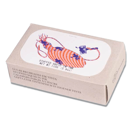 Canned Stuffed Squid in Ink by Jose Gourmet, Wild Caught Portuguese Squid, Premium Tinned Squid in Ink Sauce, High Protein Sustainable Seafood, 110g Can