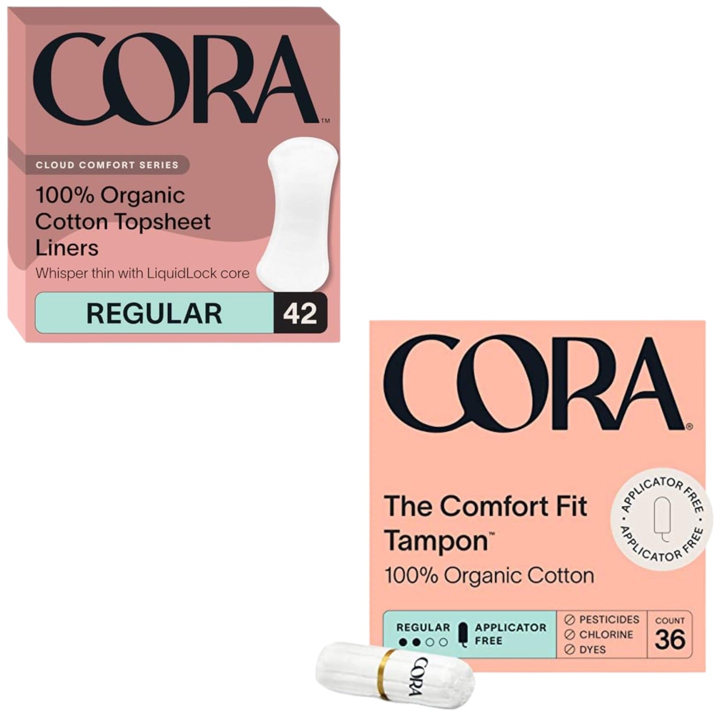 Cora Organic Feminine Care | Regular No Wings Liners and Non-Applicator Tampon Pack | Ultra-Absorbent, Unscented, Natural, Non-Toxic | 42 Regular Pads and 36 Regular Tampons | Bundle Pack