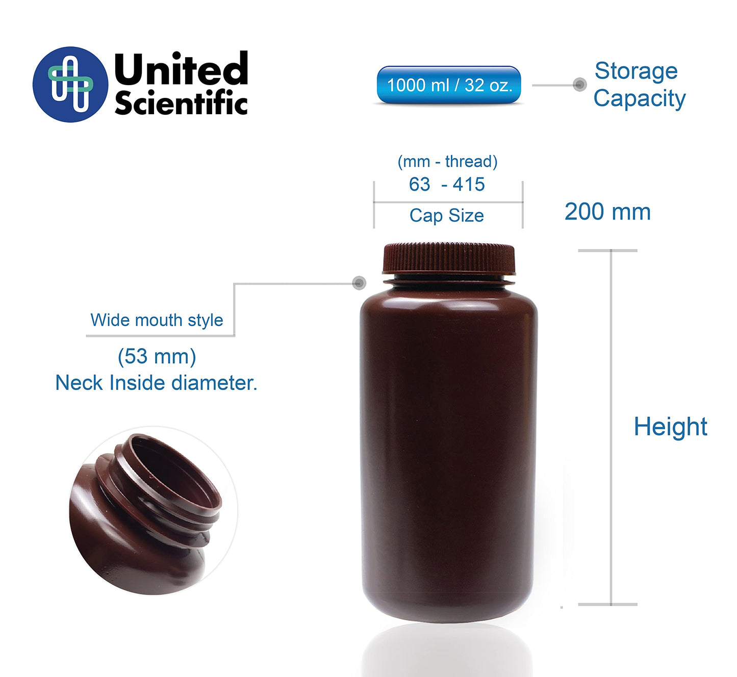 United Scientific® - Sample Containers with Lids - Amber HDPE Wide Mouth Reagent Bottle - Chemical Container - 32 oz Bottles (1000mL) Multi-Purpose Plastic Bottles with Lids, Pack of 6