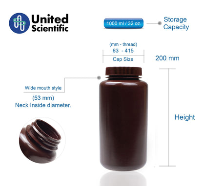 United Scientific® - Sample Containers with Lids - Amber HDPE Wide Mouth Reagent Bottle - Chemical Container - 32 oz Bottles (1000mL) Multi-Purpose Plastic Bottles with Lids, Pack of 6