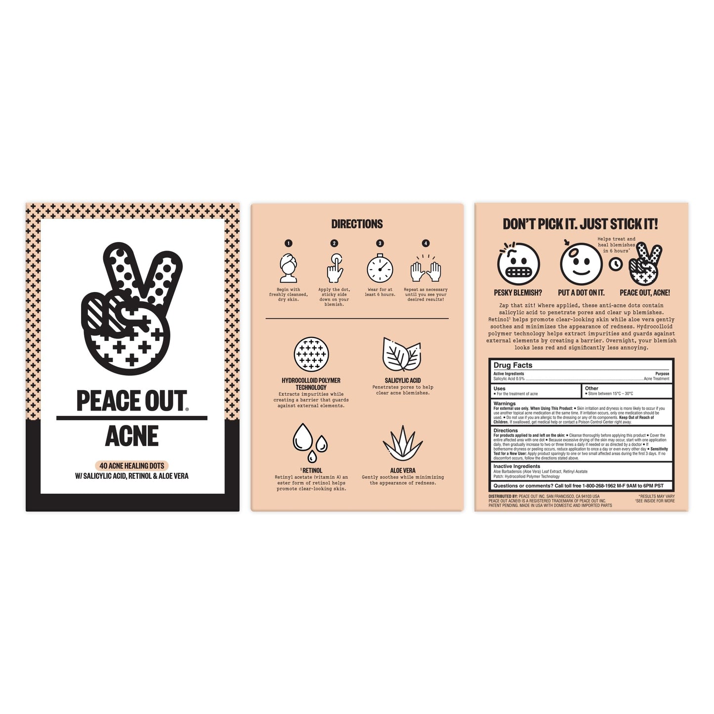 PEACE OUT Acne Healing Dots Hydrocolloid Pimple Patches, Acne Spot Treatment with Salicylic Acid, Retinol, and Aloe Vera for Blemishes and Breakouts, 40 Count