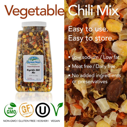 Harmony House Plain Vegetable Chili Mix – Gluten Free, Low Sodium, For Cooking, Camping, Emergency Supply & More (12.5 oz. Jar)