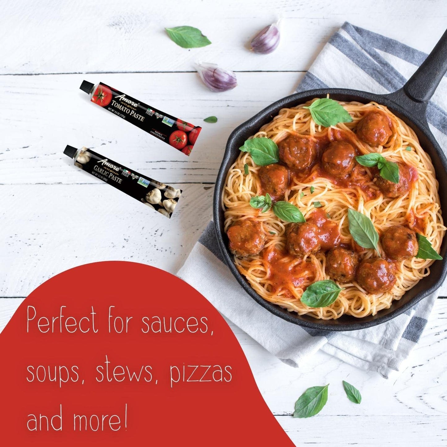 Amore Crowd Favorite - Garlic Paste (3.2oz) & Tomato Paste (4.5oz) in a Tube, Vegan, Non GMO Verified (Variety 2 Pack)