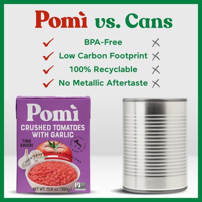 Pomì Crushed Tomatoes with Garlic 13.8oz (Pack of 12) - No Salt Added, No Additives or Preservatives, GMO-Free, Gluten-Free, Made from 100% Fresh Italian Tomatoes, BPA-Free