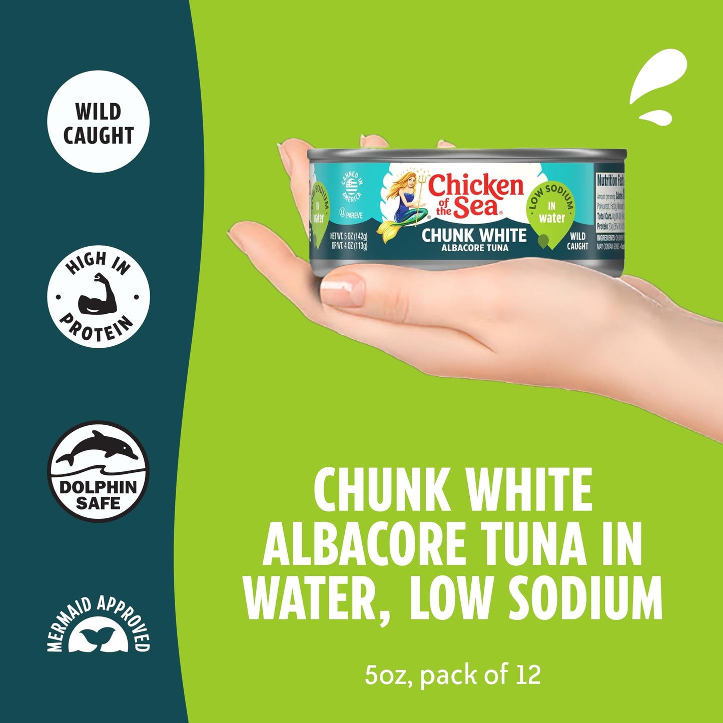 Chicken of the Sea Wild Caught Chunk White Albacore Tuna in Water, 5 oz Cans, 12-Count – High Protein 100% Classic Tuna in Water – Delicious, Easy, Nutritious Ready to Eat Meals