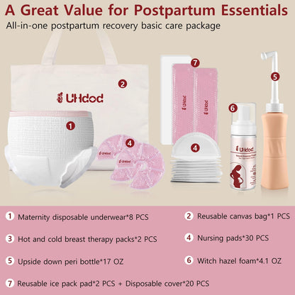 UHdod Postpartum Essentials Recovery Kit, Postpartum Kit for Women After Birth Labor Delivery Care, Disposable Underwear Cold Pads Cooling Foam Peri Bottle Nursing Pads Breast Ice Packs