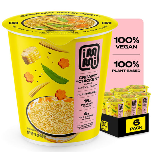 immi Creamy 'Chicken' Ramen Cup Noodles - 18g Plant-Based Protein, 8g Net Carbs, Keto Friendly, High Protein, High Fiber, Ready to Eat, 6 Pack