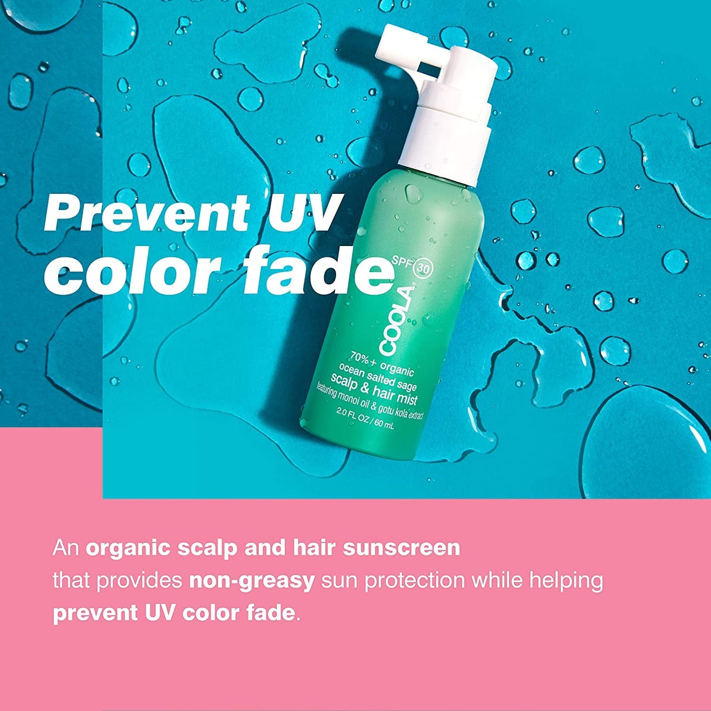 COOLA Organic Scalp Spray & Hair Sunscreen Mist with SPF 30, Dermatologist Tested Hair Care for Daily Protection, Vegan and Gluten Free, Ocean Salted Sage, 2 Fl Oz