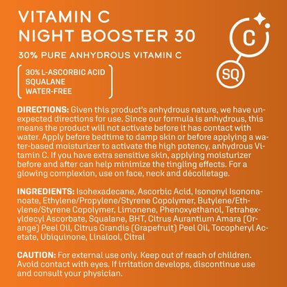 DCL Skincare Vitamin C Night Booster 30, 30% L-Ascorbic Acid for Overnight Collagen Support, 1 fl oz
