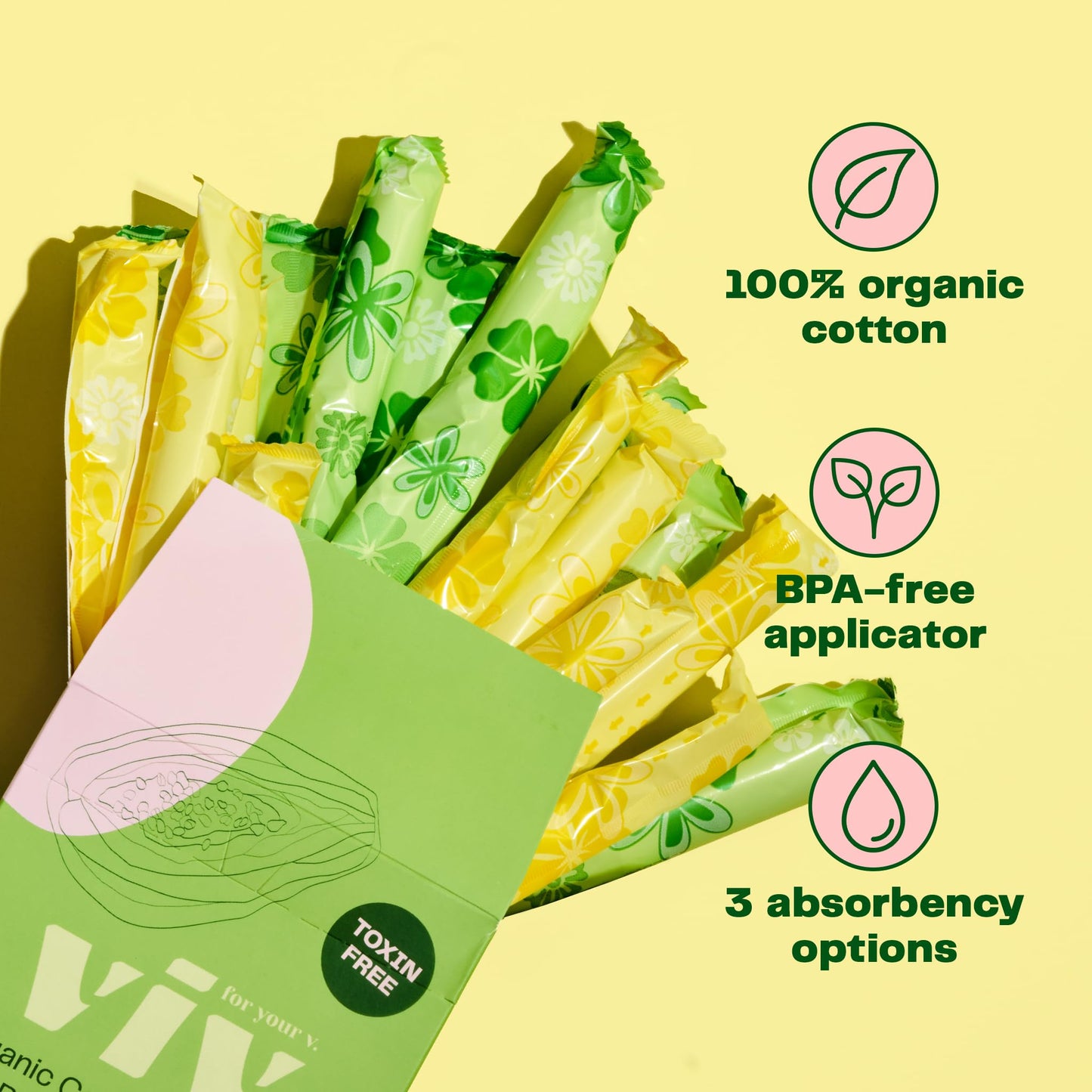 Viv for Your V Organic Cotton Tampons Regular, BPA-Free Applicator, Non-Toxic Tampons, Fragrance Free, HSA FSA Approved, 18 Count