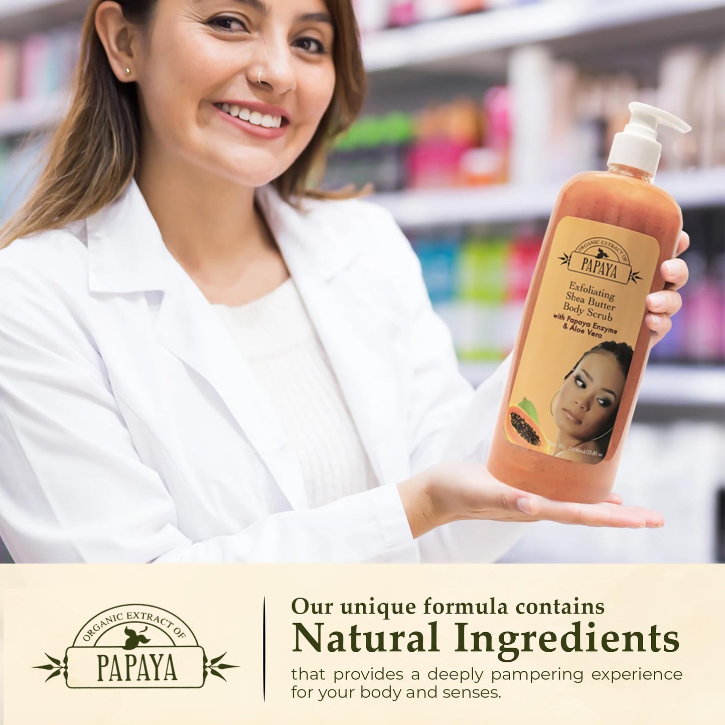 OMIC Organic Extract Of Papaya Exfoliating Body Wash, 33.8 Fl oz 1000ml, with Papaya Oil and Shea Butter