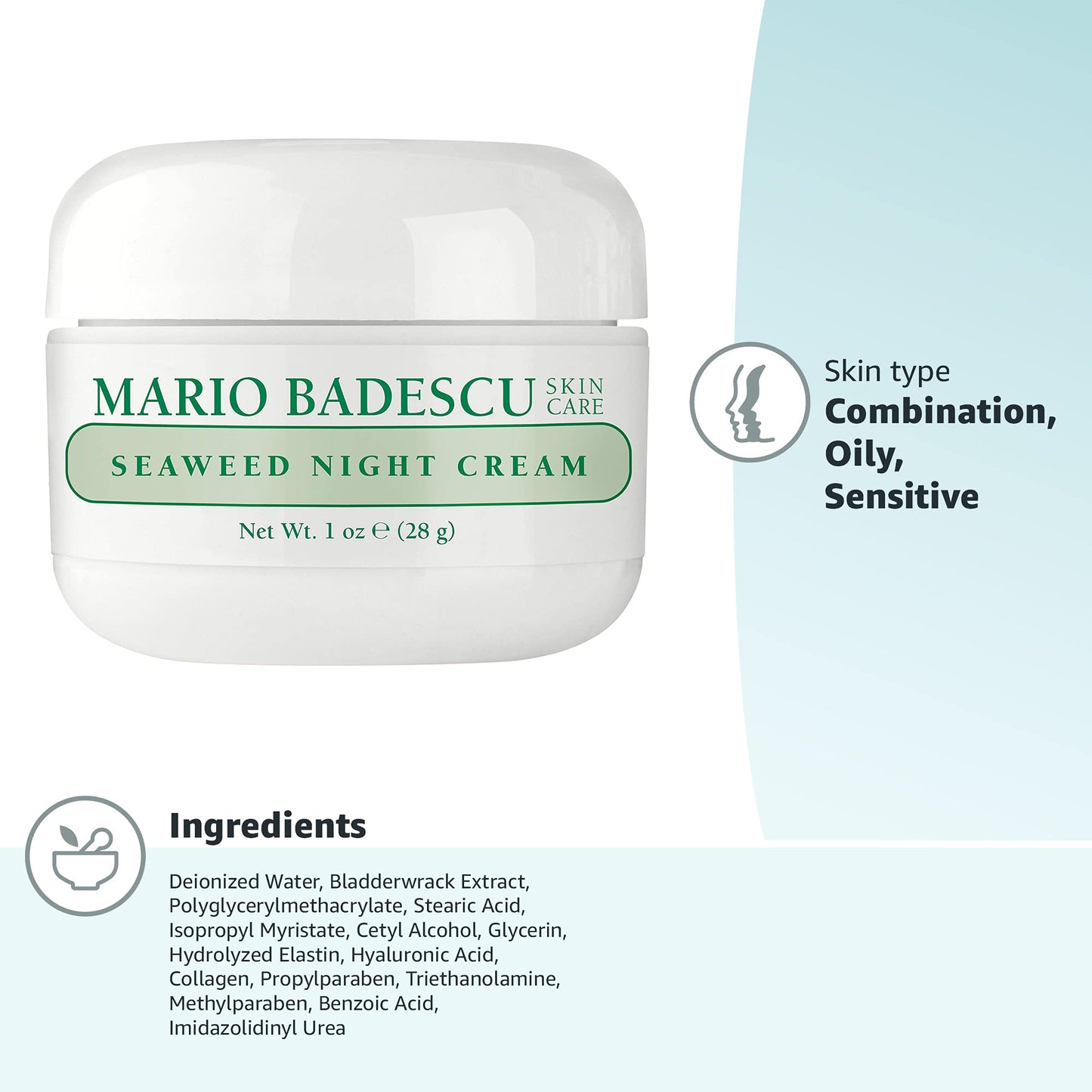 Mario Badescu Seaweed Night Cream for Women Anti Aging Oil-Free Moisturizer with Collagen & Sodium Hyaluronate, Ideal for Combination