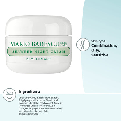 Mario Badescu Seaweed Night Cream for Women Anti Aging Oil-Free Moisturizer with Collagen & Sodium Hyaluronate, Ideal for Combination