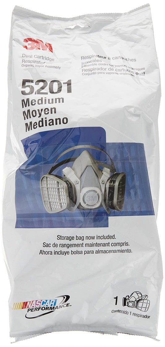 3M 5201 Medium Black Thermoplastic Elastomer Half Mask 5000 Series Disposable Air Purifying Respirator with 4 Point Harness, English, 15.34 Fl. Oz, Plastic, 18.5" x 13.7" x 13.7"
