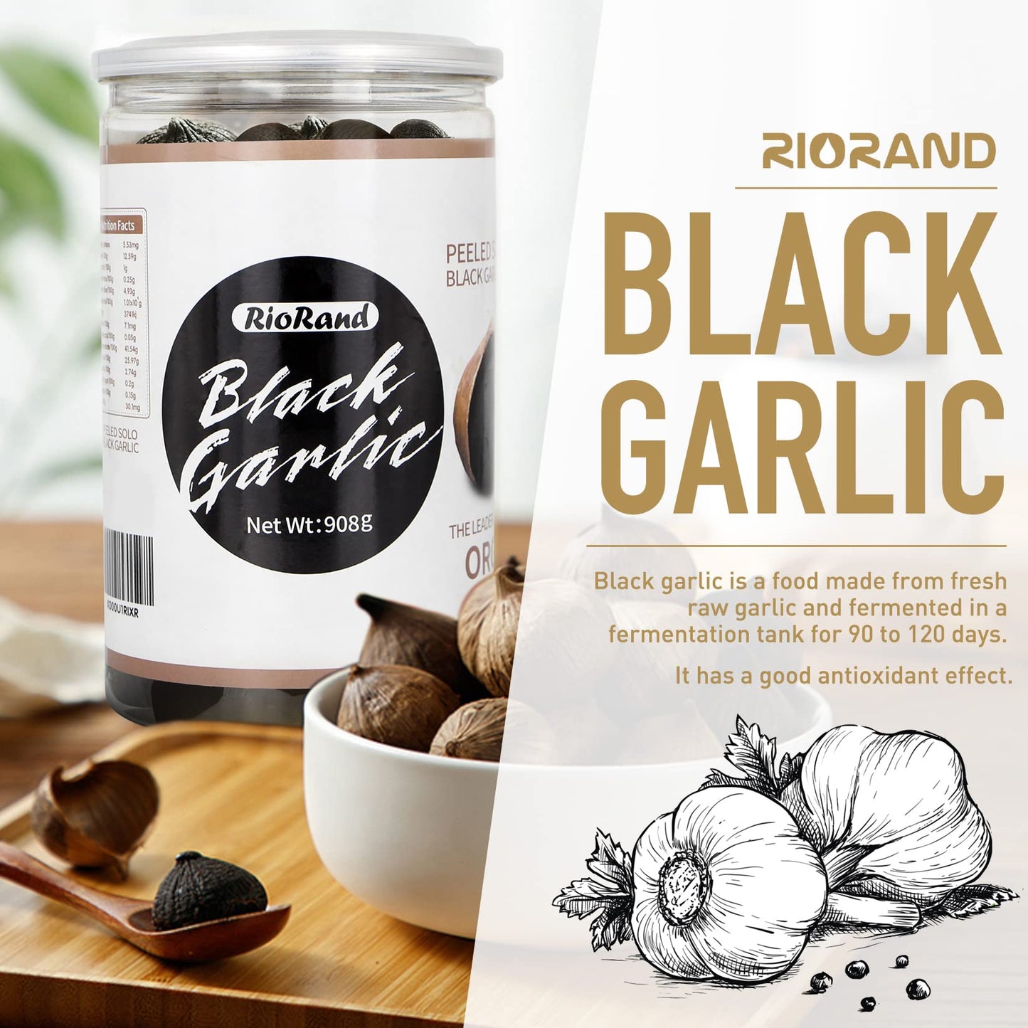 RioRand Black Garlic 908g Whole Peeled, 90-Day Aged 2 Lbs Jar, No Added Preservatives, Ready to Eat