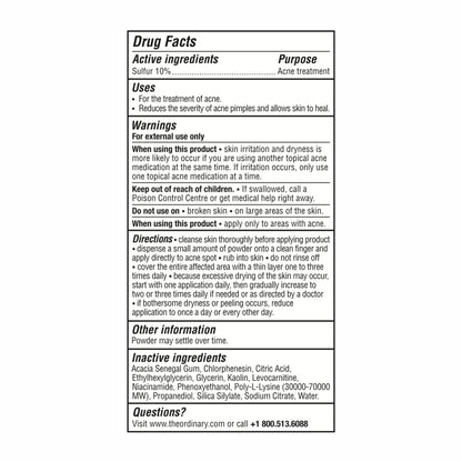 The Ordinary Sulfur 10% Powder-to-Cream Acne Spot Treatment Concentrate, Reduces Pimple Size and Zit Redness, 0.18 Oz