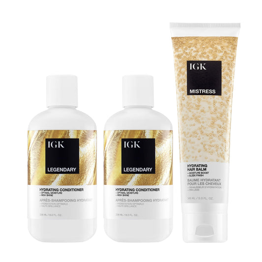 IGK Legendary Shampoo + Legendary Conditioner + Mistress Hair Balm – Hair Cleansing, Hydrating & Styling Trio for Frizz Control, Shine & Manageability – Vegan & Cruelty-Free