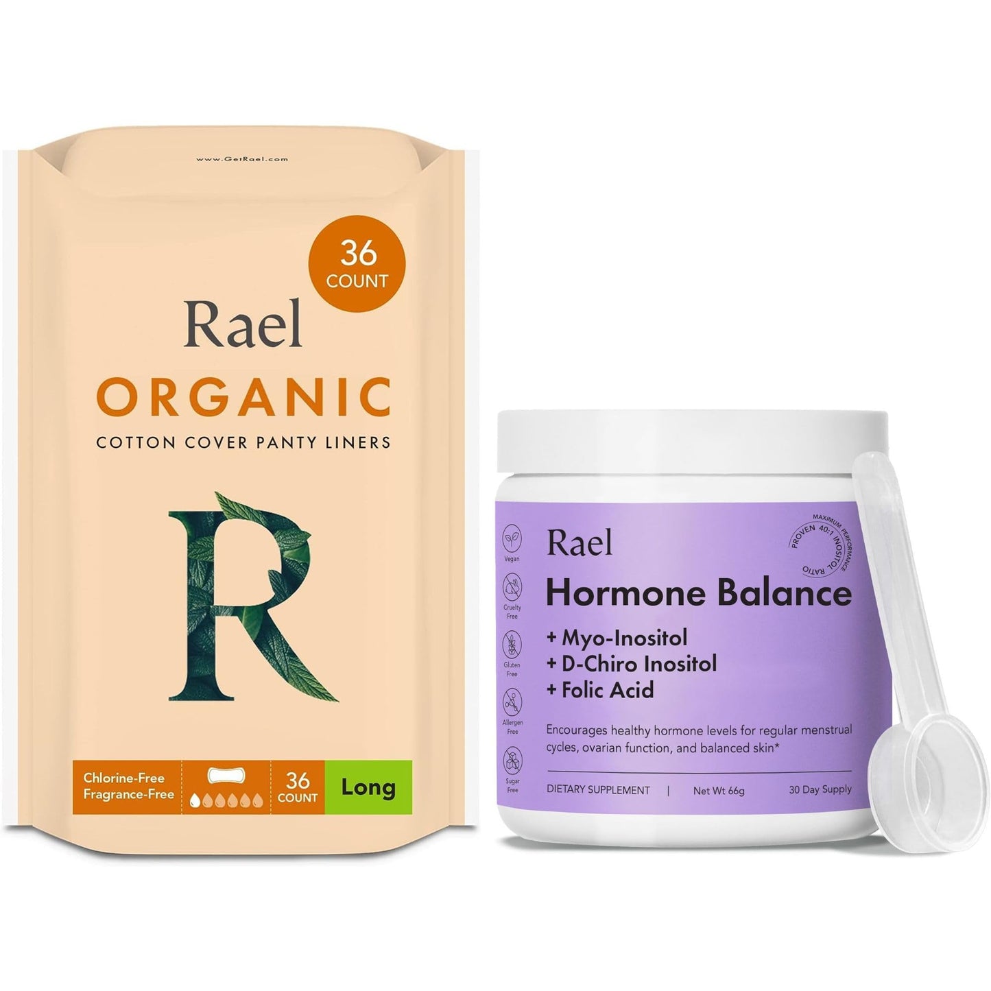 Rael Bundle - Organic Cotton Cover Panty Liners (Long, 36 Count) & Hormone Balance Supplement for Women, Fertility & Ovarian Support (30 Day Supply)