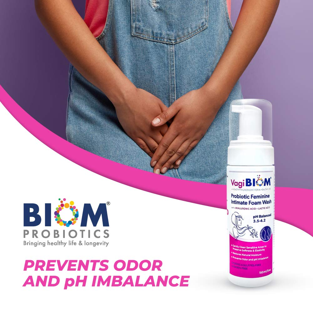 Biom Probiotics Vaginal moisturizing Foam Wash and Odor Control: First-in-Class All Natural 100% Natural Vegan Vaginal Foam. Controls Dryness, Maintain Optimal pH, and relieves Feminine discomfort