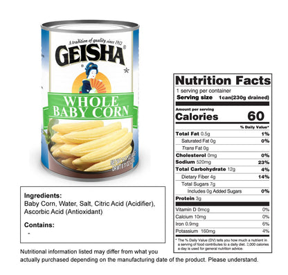 GEISHA Whole Baby Corn 14.11 oz (Pack of 12), Young Corn| Zero Trans Fat – Zero Saturated Fat – Good Source of Fiber – No Sugar Added – Gluten Free