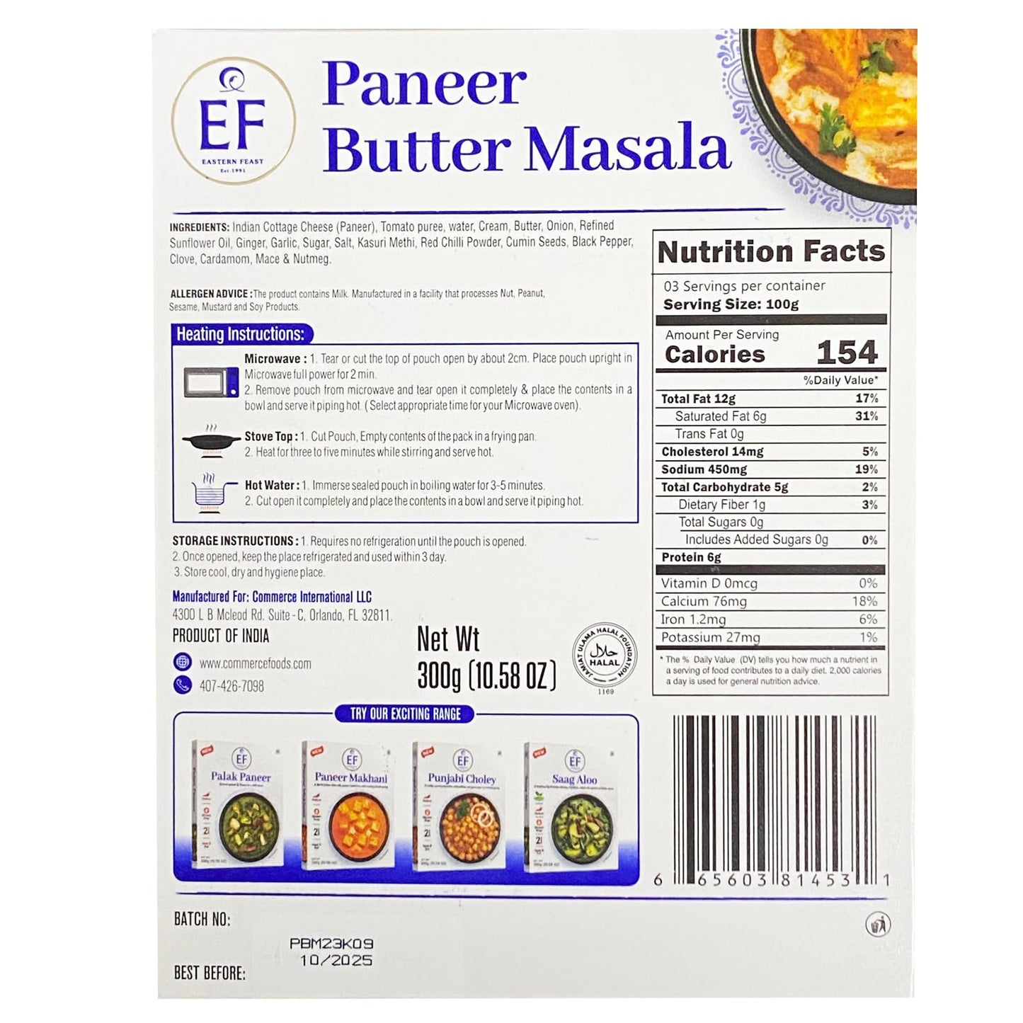 Eastern Feast - Paneer Butter Masala, Ready to Eat Meals, (Pack of 4), Vegetarian, Gluten Free