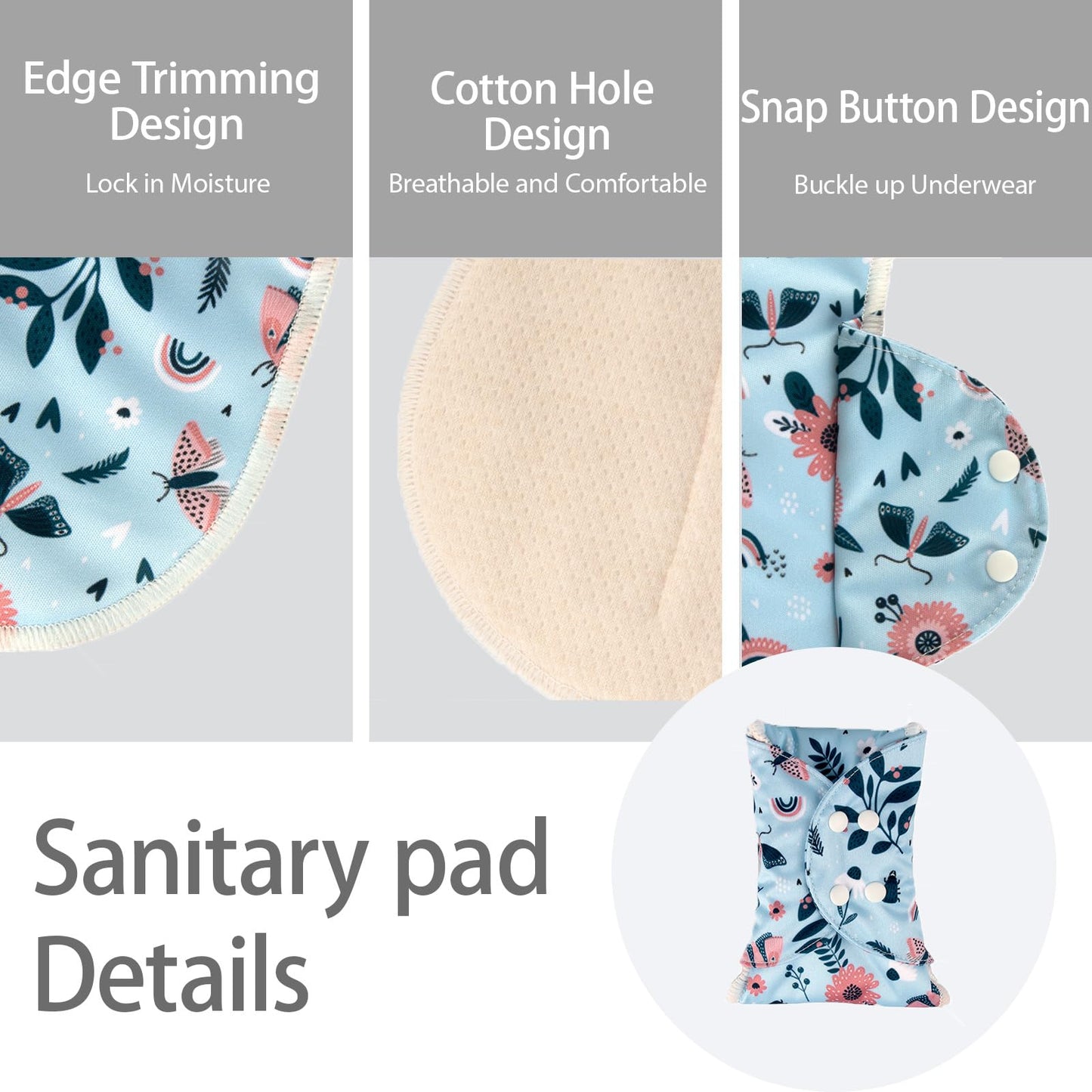 AIO Reusable Washable Cloth Menstrual Pads Sanitary Pad for Woman Large Size(4.72 * 11.8/5.51 * 13.4/6.3 * 14.96inch) Including 5 pcs Pads with 1 Wet Bag