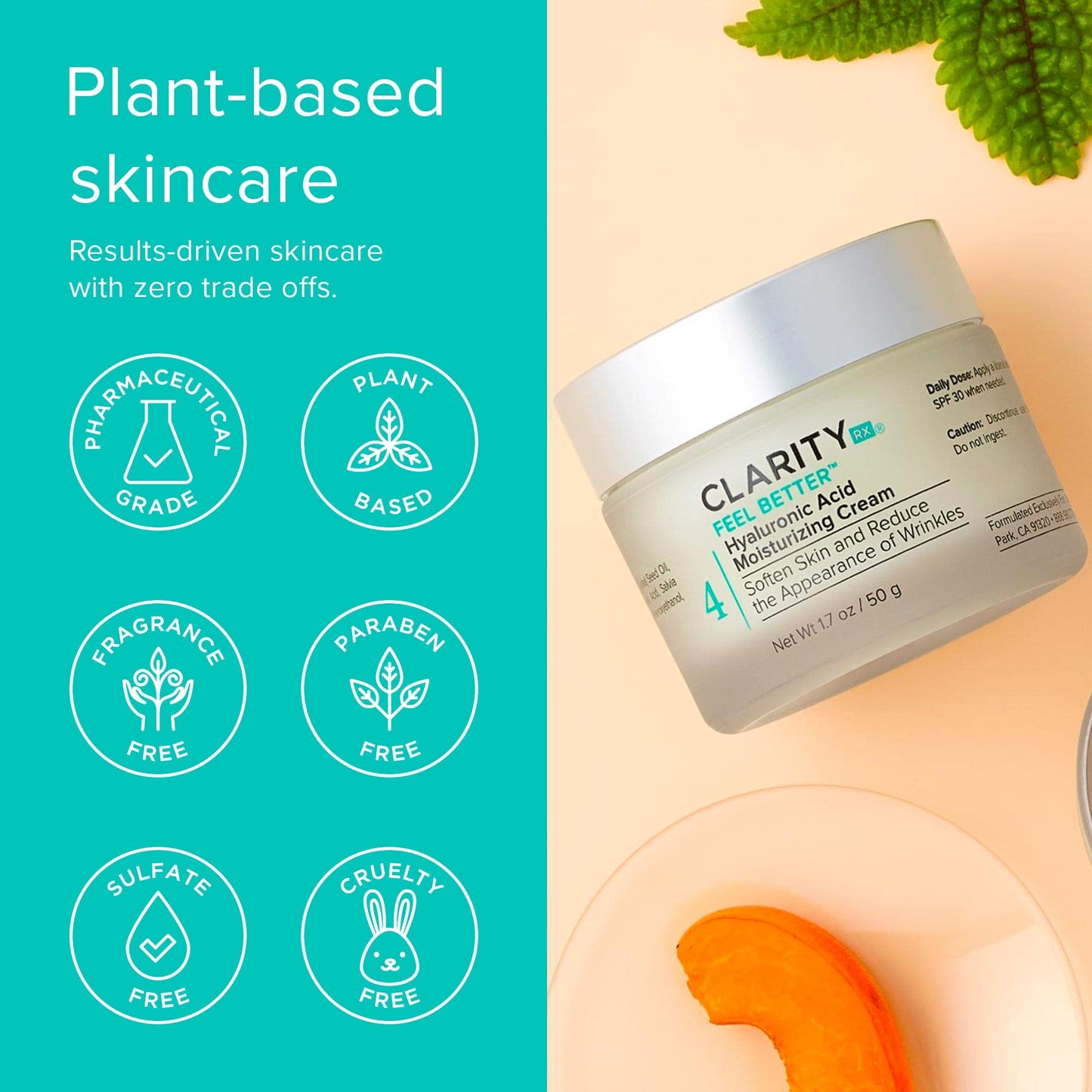 ClarityRx Feel Better Hyaluronic Acid Face Moisturizer, Natural Plant-Based Moisturizing Cream with Jojoba Oil & Hyaluronic Acid for Hydration, Smooths Dry, Aging Skin, Paraben & Cruelty Free
