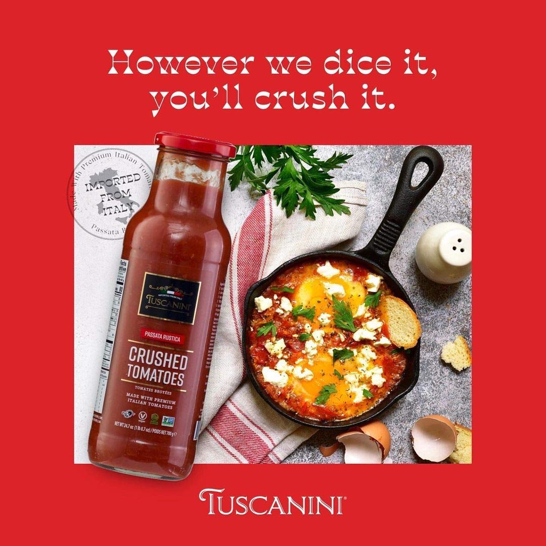 Tuscanini Premium Italian Crushed Tomatoes 24.7oz (2 Pack) Passata Rustica, Vegan, Nothing Artificial, Imported From Italy, Premium Glass Bottle