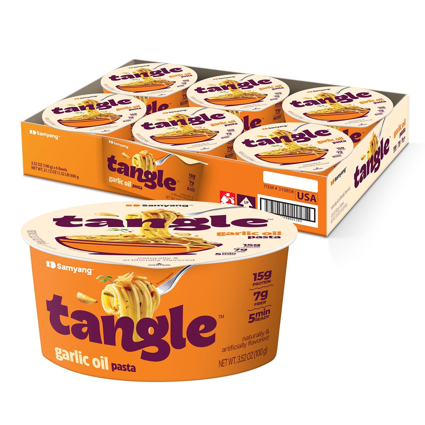 Samyang Tangle Garlic Oil Spaghetti Aromatic Roasted Garlic and Olive Oil Flavor Spicy Kick Air Dried Noodle Quick Microwave Meal 3.70 oz (Pack of 6)