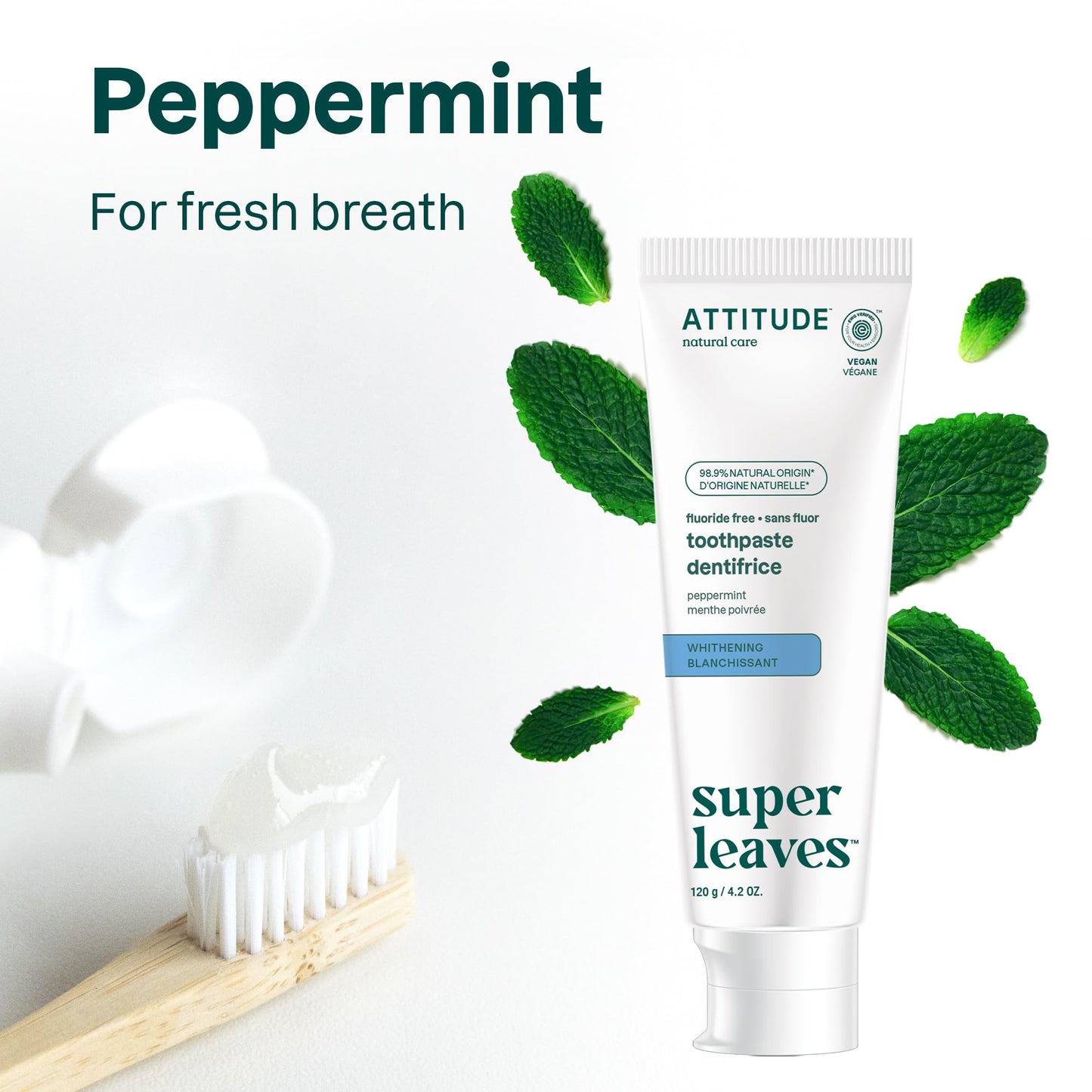 ATTITUDE Fluoride-Free Whitening Toothpaste, Peppermint Flavor, Vegan & Cruelty-Free, Sugar-Free, Plant & Mineral-Based Ingredients, Clean Oral Care, 4.2 Oz