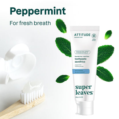 ATTITUDE Fluoride-Free Whitening Toothpaste, Peppermint Flavor, Vegan & Cruelty-Free, Sugar-Free, Plant & Mineral-Based Ingredients, Clean Oral Care, 4.2 Oz