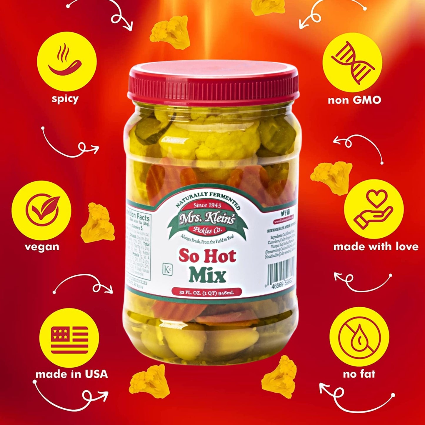 32 Oz. Fresh Pickled Vegetables, 2 Jars, So Hot Mix of Cauliflower Bites, Carrots, Hot Pickles & Chilito Peppers in Spicy Pickle Brine, Vegan Snack