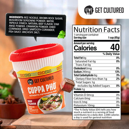 Get Cultured Instant Beef Pho Noodle Soup - Authentic Vietnamese Cuppa Pho with Spices & Dried Herbs | Premium Microwavable Noodle Soup, Gluten Free & Low Sodium 3.0 oz (6-Pack)