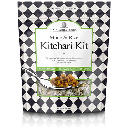 Jain Family Foods Mung Rice Khichdi Kitchari Kit | Authentic Indian Meal Kit with Spiced Yellow Lentils | Plant Based, Gluten-Free, High Fiber | Easy One Pot Dinner, Instant Pot Friendly | Serves 3