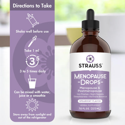 Strauss Naturals Menopause Drops 100ml – Menopause and Postmenopause Supplements for Women - Hot Flash Relief for Women, Night Sweat & Hormone Balance Support - Natural Non-GMO - Spearmint Flavor