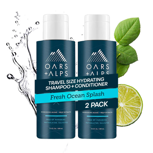 Oars + Alps Men's Sulfate Free Hair Shampoo and Conditioner Set, Infused with Kelp and Algae Extracts, Fresh Ocean Splash, Travel Size 3.4oz Each