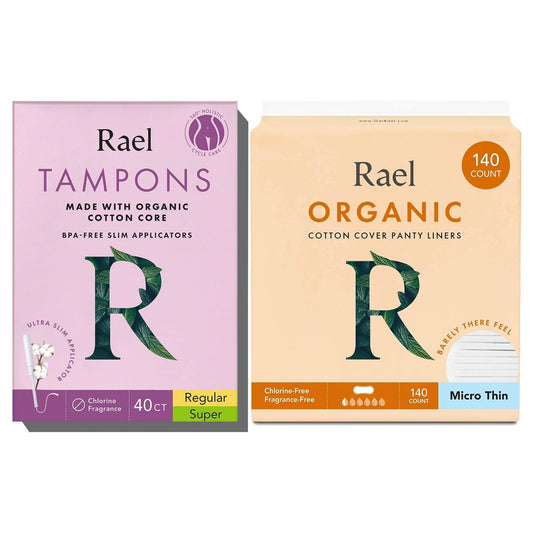 Rael Period Bundle - BPA-Free Slim Applicator Tampon (Regular & Super, 40 Count) & Organic Cotton Cover Panty Liners (Micro Thin, 140 Count)