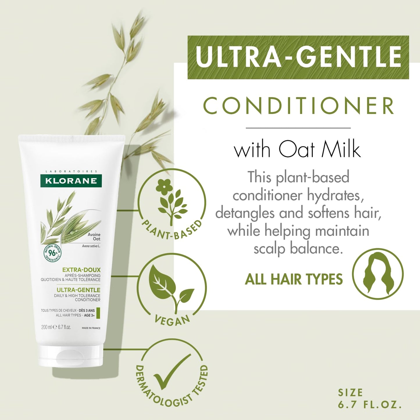 Klorane Ultra-Gentle Conditioner with Oat Milk, Suitable for the Entire Family, Paraben and Sulfate-Free