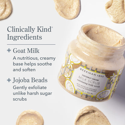 Beekman 1802 Coconut Cream Exfoliating Milk Body Scrub - 8.0 fl oz - Smooths Skin & Evens Out Tone - With Goat Milk & Jojoba Beads - Skin Barrier & Biome Safe - Good for Sensitive Skin - Cruelty Free