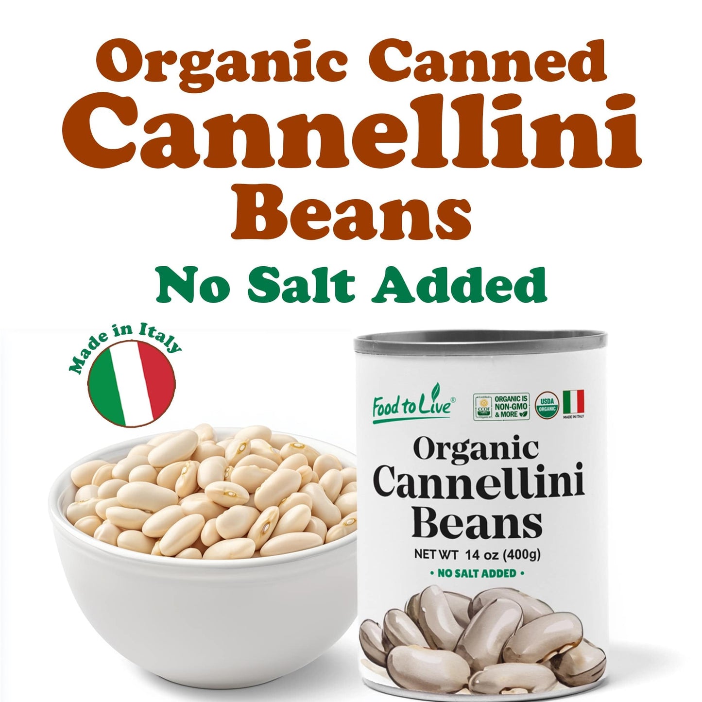 Food to Live Organic Italian Canned Cannellini Beans, 14 oz (Pack of 4) - Unsalted Non-GMO White Kidney Beans. Good Source of Fiber and Protein