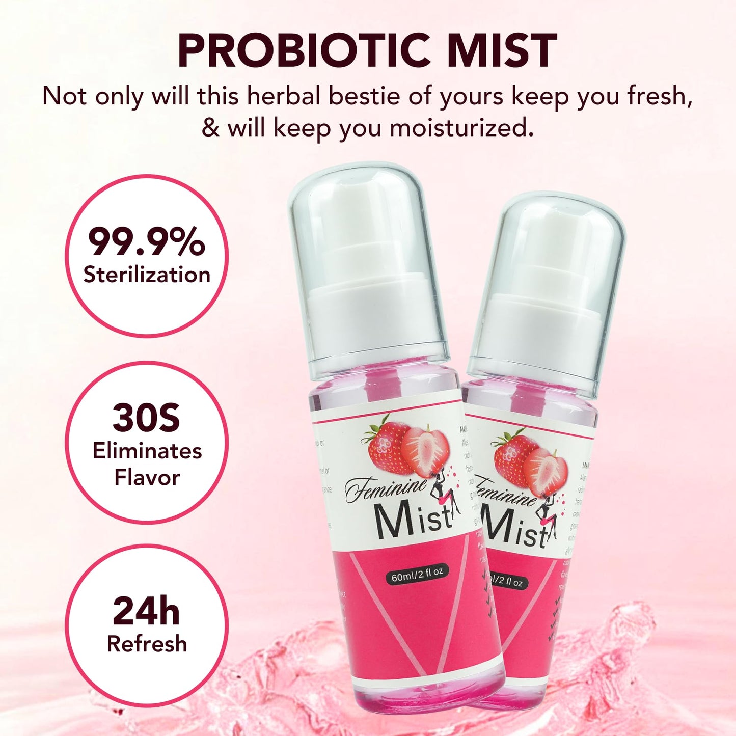 Feminine Mist Feminine Spray with Strawberry Oil and Probiotics, 2 Fl Oz, Natural Feminine Spray for Women, Supports Balance and Freshness