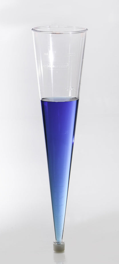 Bel-Art SP Imhoff Settling Cone Beaker – 1000 mL Clear Styrene Cone with Graduations & Leak-Proof Polyethylene Plug for Sediment Analysis in Water, Wastewater & Sewage Testing (H38990-0000) Made in USA