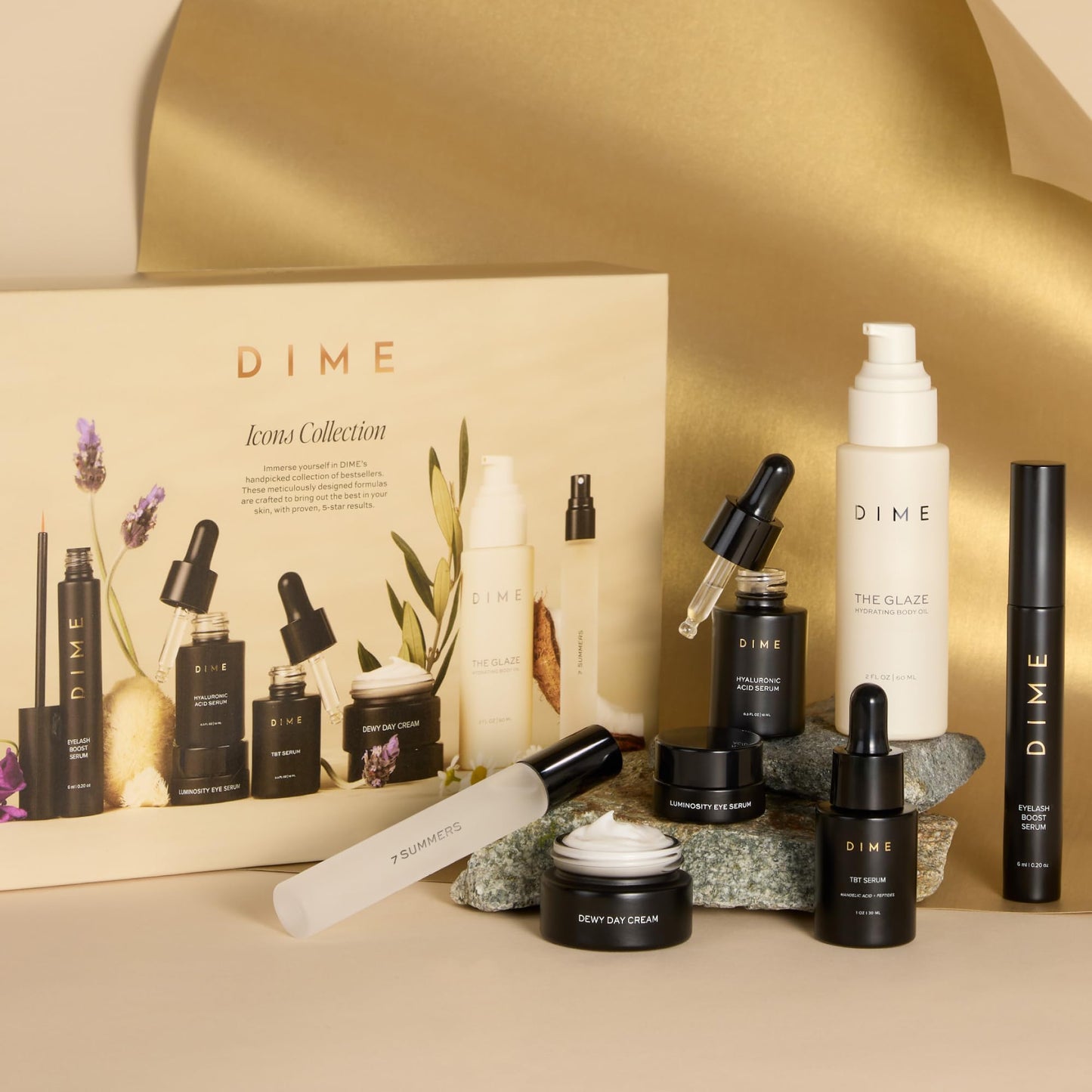DIME Beauty Icons Collection - Travel Size Skincare Discovery Set Includes 7 Summers Perfume, Eyelash Boost Serum, Luminosity Eye, Glaze Body Oil, Hyaluronic Acid, Dewy Day Cream, TBT Serum