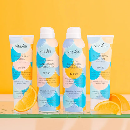 Noodle & Boo VitaSea Happy Day Adult & Kids Sunscreen Super Spray SPF 30 / SPF 50 for Face and Body, Broad Spectrum UVA & UVB Protection, Water Resistant Formula with Sea Kelp, Vitamin E & C, 6 Fl Oz.