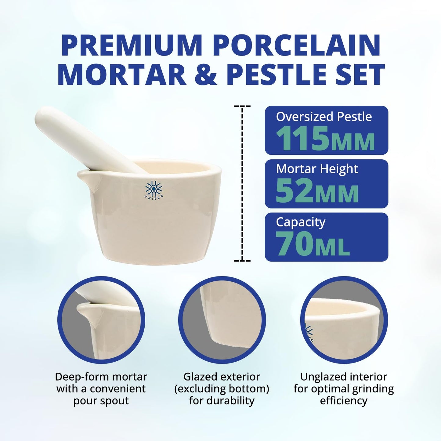 United Scientific™ Ceramic Mortar and Pestle Set - 70mL Capacity, 2.75" Diameter Pill Crusher - Deep Form Grinding Bowl with Pour Spout, Unglazed Pill Grinder Surface for Kitchen or Lab Use